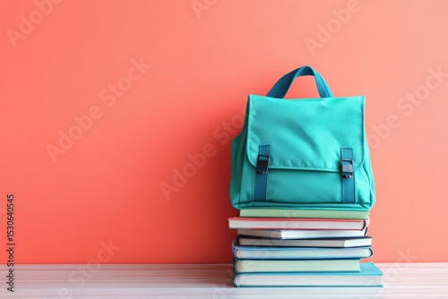 Teal backpack atop a stack of colorful books against a coral wall.