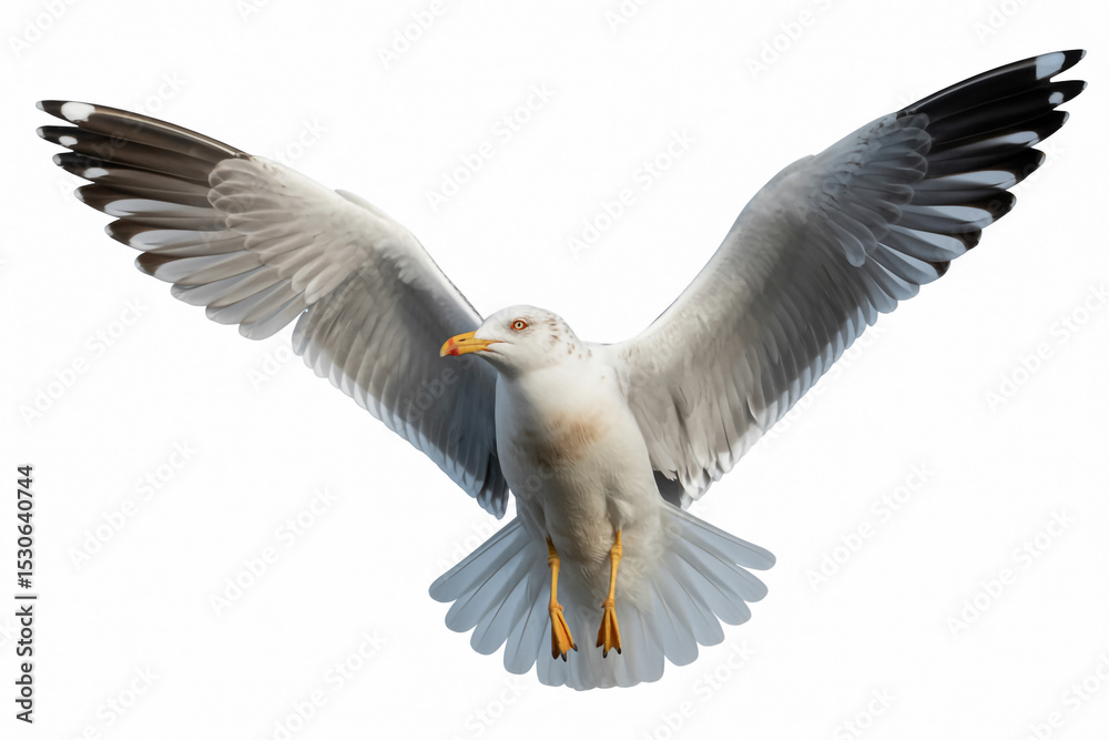 Fototapeta premium Majestic seagull with expanded wings in flight against a clean and bright white background