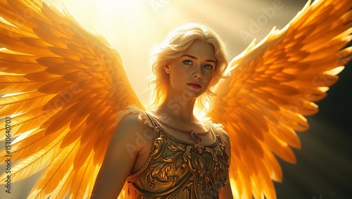 A blonde woman with golden wings and golden armor stands in bright sunlight