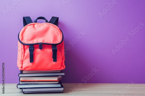 Bright coral backpack atop a stack of books against a purple backdrop.