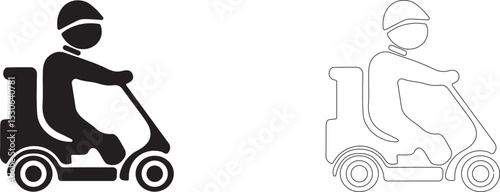 Courier with a box on a moped. Vector delivery icon.