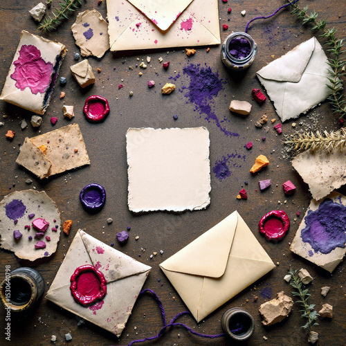 Creative artist's table with paper, paint and envelopes