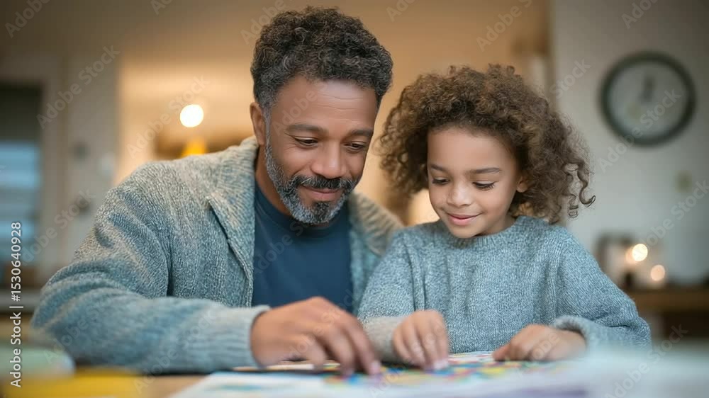 A father and daughter enjoy quality time solving a math puzzle together at home.