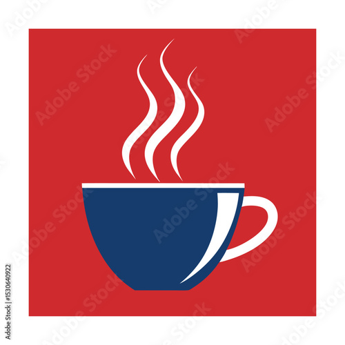 Simple vector illustration of a steaming blue coffee cup on a red background design