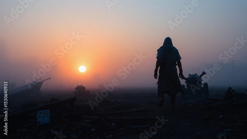 Silhouette of hooded figure walking towards sunrise in a desolate landscape