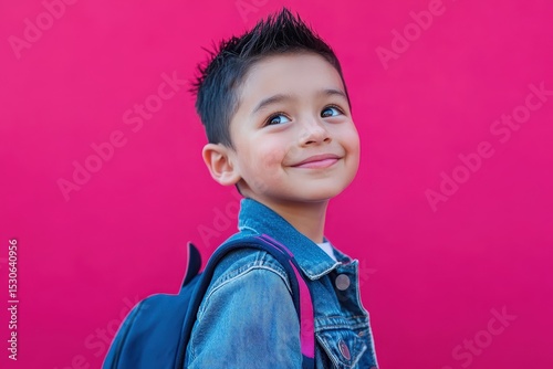 A boy with a backpack smiles and looks upward against a vibrant pink backdrop.