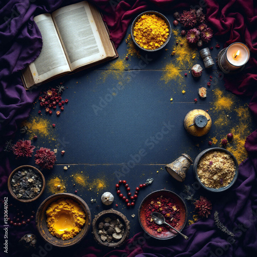Top view of festive food with candles and spices