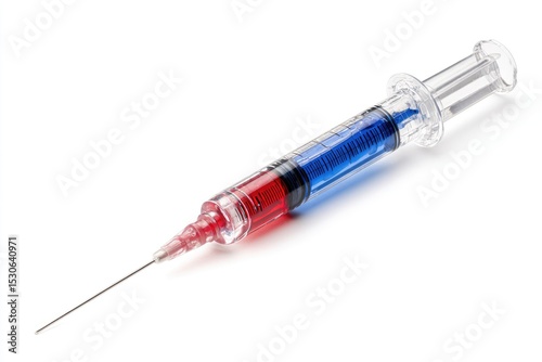 Syringe with red and blue liquid