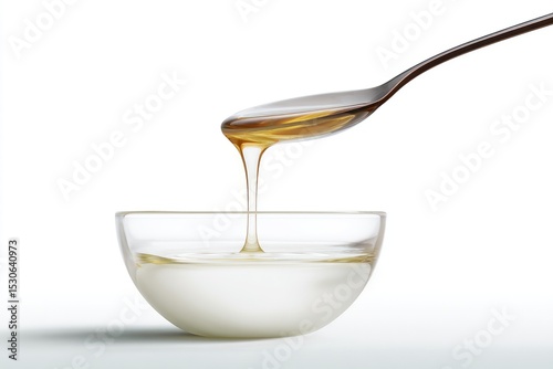 Honey dripping from spoon into small glass bowl of yogurt