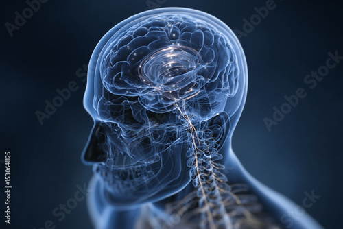 Translucent blue human head showcasing brain anatomy, neural pathways illuminated, suggesting intelligence, knowledge, and cognitive processes