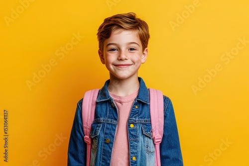 Smiling young boy with a pink backpack against a yellow background.