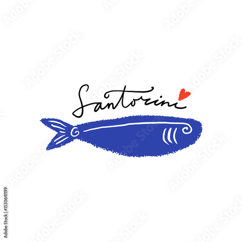 Cartoon Santorini fish lettering vector illustration clip-art. Printable art for textile, souvenirs, picture for website, presentation and more. Funky doodle travel concept