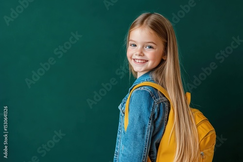 A young girl smiles cheerfully in front of a vibrant green backdrop.