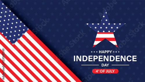 Happy Independence Day 4th of July design with American flag, patriotic star, and blue dotted background	
