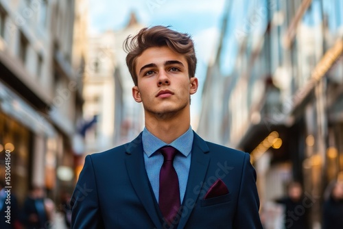 Young man in a suit standing on a city street.