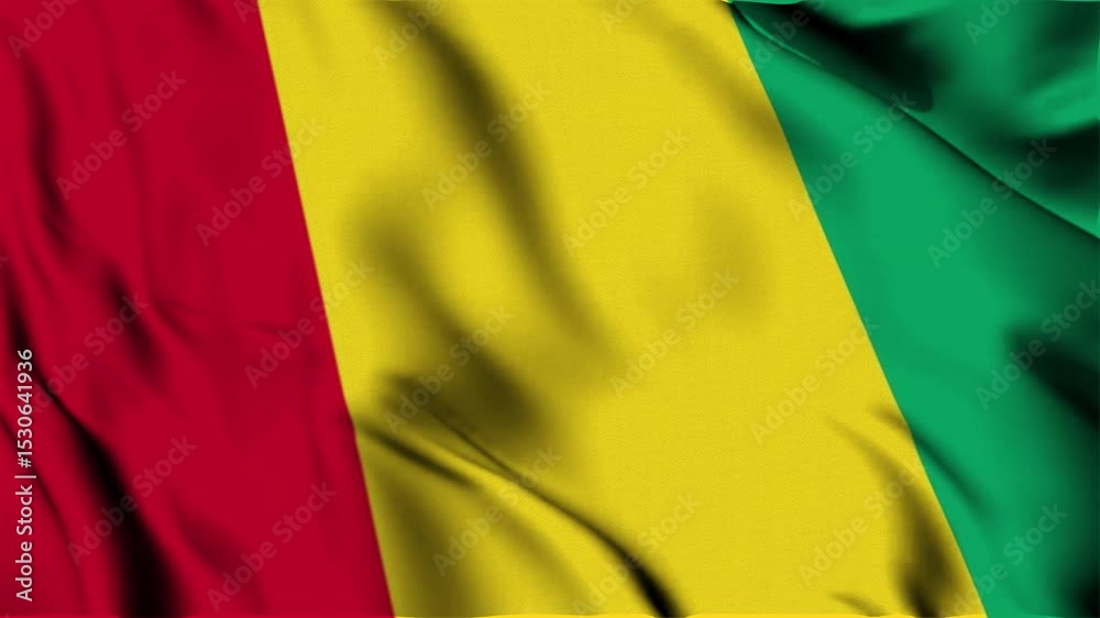 3D animation of the national flag of Guinea waving in slow motion. Close-up view with realistic fabric texture in 4K resolution. Ideal for Independence Day, patriotic videos, and national celebrations 3D animation of the national flag of Guinea waving in slow motion. Close-up view with realistic fabric texture in 4K resolution. Ideal for Independence Day, patriotic videos, and national celebrations