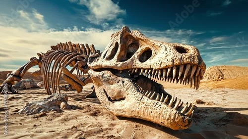 Witness the intricate details of a dinosaur skeleton embedded in a serene setting. Ideal for educational content or creative projects. A stunning blend of art and science. Generative AI