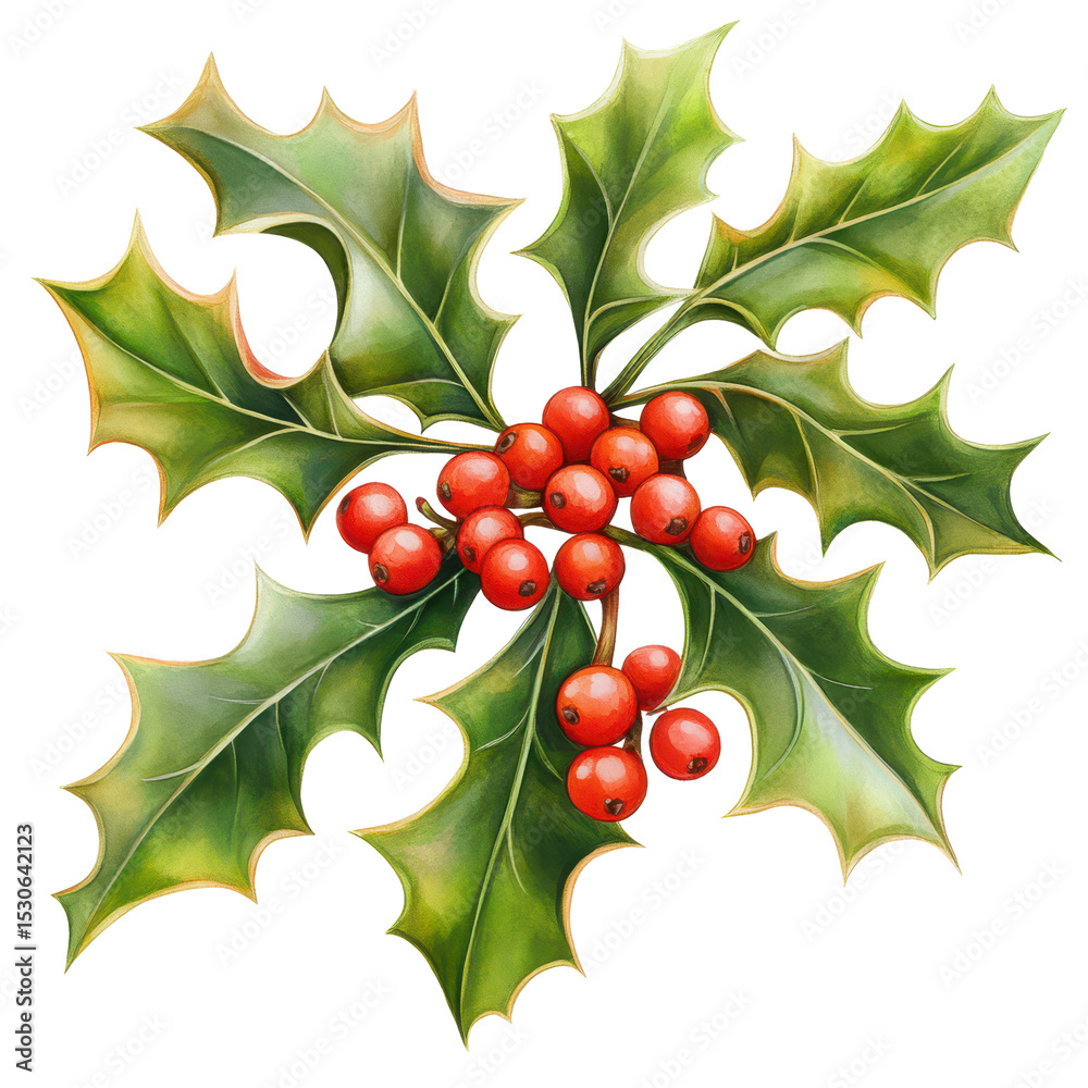 Holly Sprig Illustration: A vibrant illustration captures a sprig of holly, with its glossy green leaves and bright red berries, symbolizing the festive season and seasonal beauty. Holly Sprig Illustration: A vibrant illustration captures a sprig of holly, with its glossy green leaves and bright red berries, symbolizing the festive season and seasonal beauty.