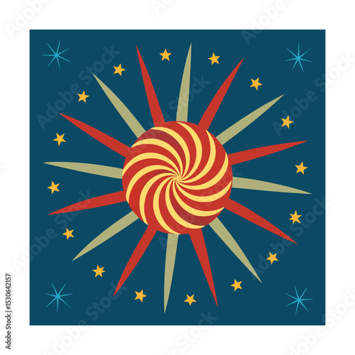 Colorful swirl abstract sun burst design surrounded by stars on a dark blue background
