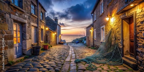 Fototapeta Naklejka Na Ścianę i Meble -  Cobblestone path through a narrow street in an old fishing village at dusk