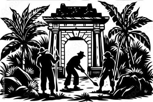 Ancient Ruins Exploration Tropical Gateway Discovery, ruins, exploration, tropical, gateway, discovery, figures, workers, secret, visual, mystery, find, explore, lush, picture, monochrome, clipart, ju