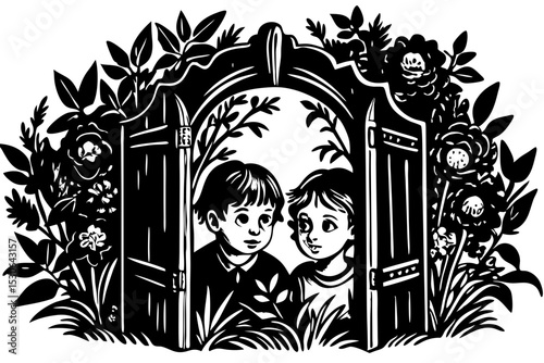 Curious Children Peeking Through Enchanted Garden Gate Illustration, children, garden, gate, enchanted, wonder, story, innocence, secret, visual, magical, mystery, photograph, fairytale, imagination