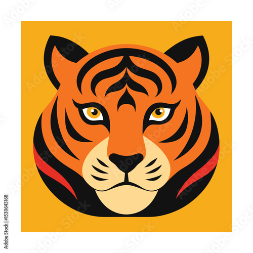 Vector illustration of a majestic tiger head with bold orange and black stripes on yellow background