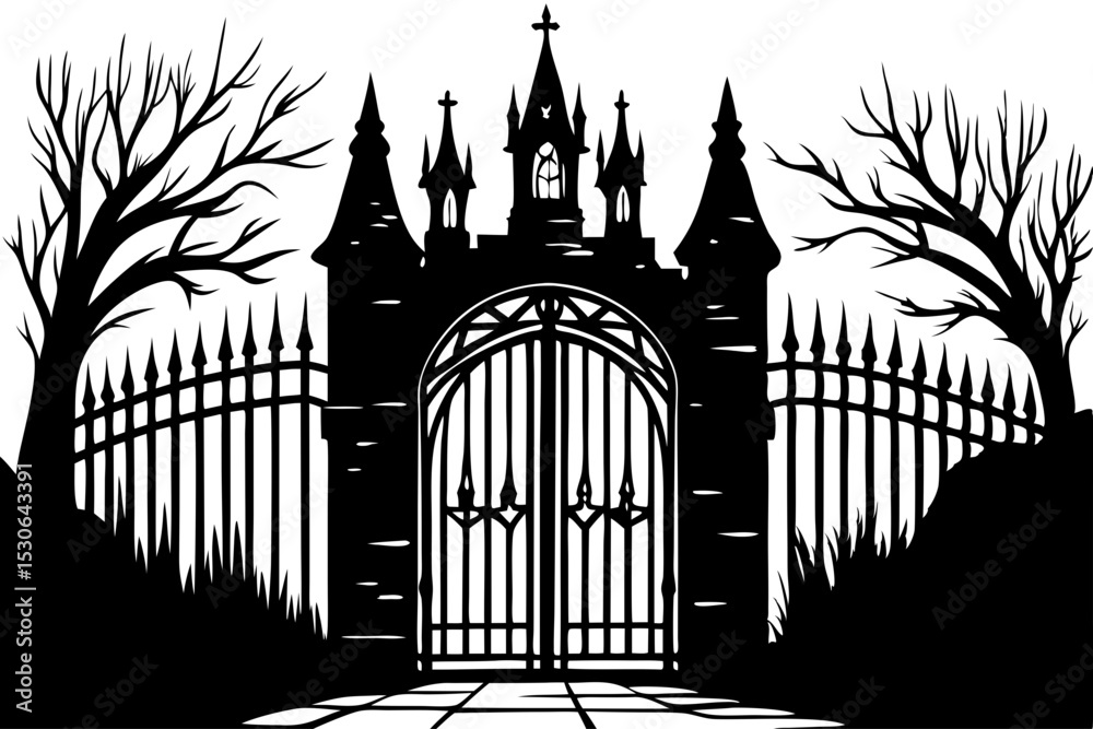 Fototapeta premium Gothic Castle Gate Silhouette Spooky Halloween Illustration, castle, gate, gothic, halloween, silhouette, victorian, graphics, moonlight, mystery, spooky, aesthetic, horror, scary, monochrome, invitat