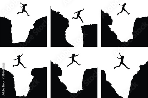 Silhouette Set of Boy and Girl Jumping between cliff. Adventure and Freedom Travel Clipart.