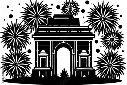 India Gate Fireworks A Black and White Illustration, india, gate, fireworks, black, white, architecture, visual, pride, resource, aesthetic, patriotic, independence, picture, monochrome, clipart, shin