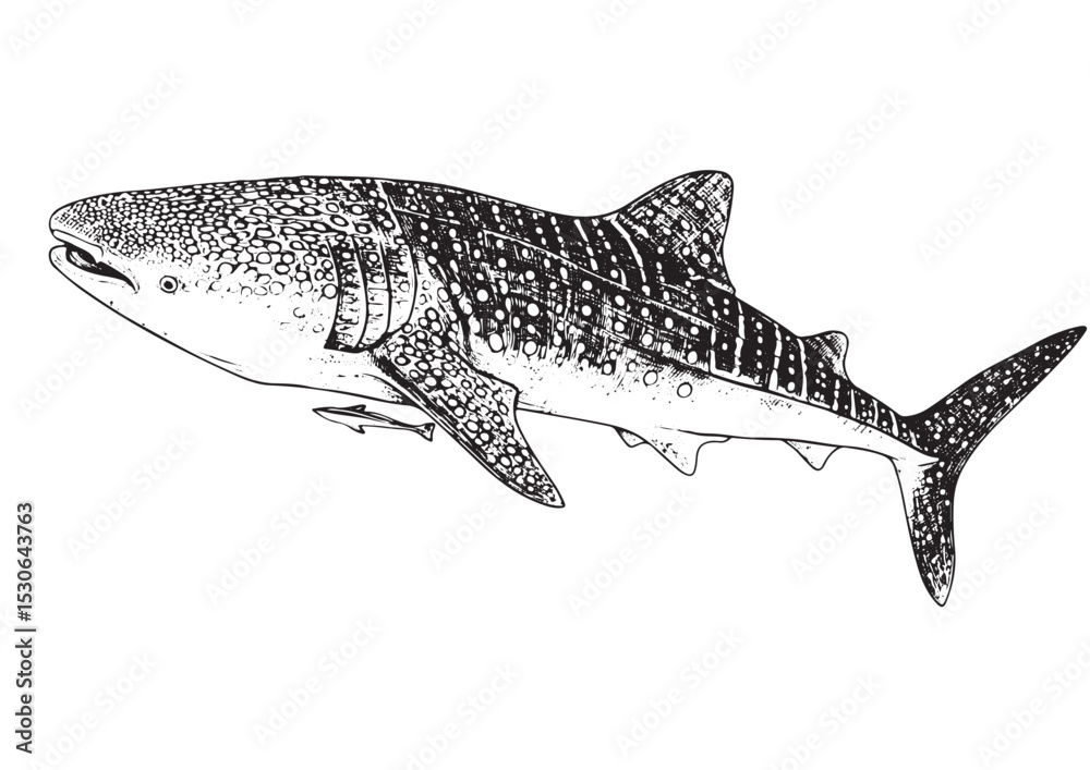 Fototapeta premium Whale Shark, engraving intricate line art vector illustration, isolated on background