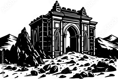 Ruined Archway in Mountainous Landscape Black and White Illustration, archway, ruins, mountains, landscape, graphics, visual, mystery, aesthetic, picture, monochrome, ink, perspective, pen, dramatic, 