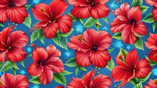 Red tropical hibiscus flowers with blue pistil seamless pattern