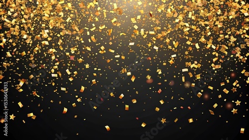 Colorful golden confetti scattered on a dark and sleek black background
