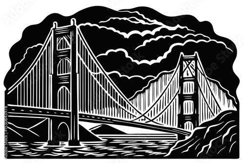 Iconic Golden Gate Bridge A Dramatic Black and White Woodcut Illustration, golden, gate, bridge, woodcut, black, white, talent, visual, iconic, aesthetic, creation, detailed, skill, picture, monochrom
