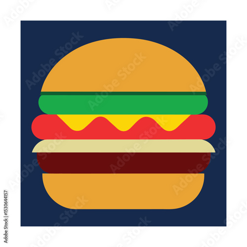 Simple and colorful illustrated hamburger with mustard ketchup and vegetables on a dark background