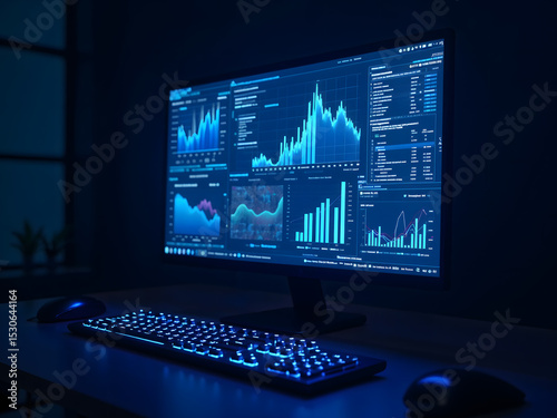 A computer screen with graphs and charts, front of it, all in blue neon light, dark blue background