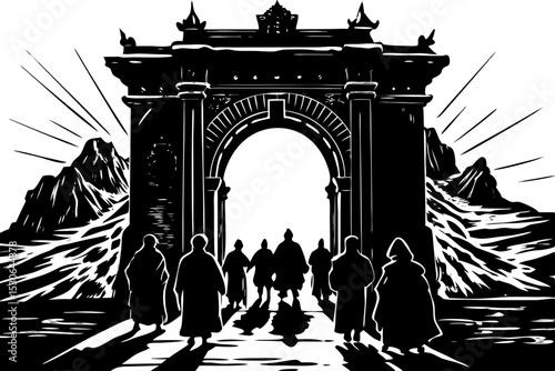 Ancient Gateway Journey Through Majestic Mountains, gateway, archway, mountains, figures, journey, wonder, symbolic, powerful, mystery, spiritual, awe, legend, progress, imagination, forward, majestic