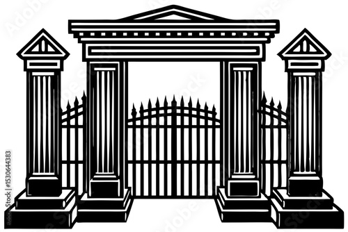 Elegant Classical Gate Design with Pillars and Archway, gate, pillars, archway, classical, design, patterns, shapes, aesthetic, formal, property, ornate, lines, estate, security, artwork, monument, pr