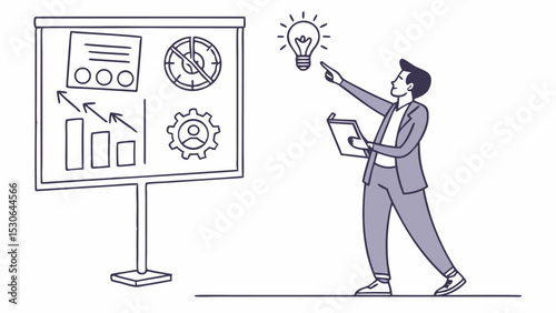 Man presenting ideas on whiteboard with graphs and lightbulb concept in a business presentation setting
