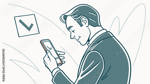 Man in suit looking at smartphone with check mark on screen and in box floating above phone 100 chars