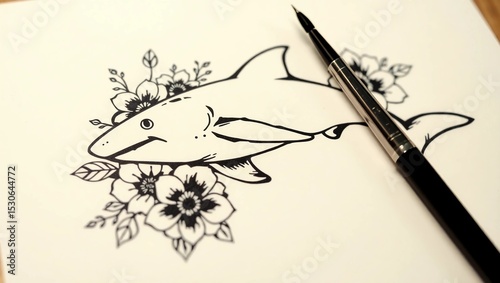 Shark drawing with flowers and a pen on paper in black and white close up view