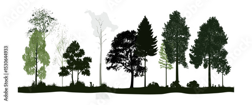 Evergreen forest silhouette trees, side view green shadow, seamless border for landscape design, vector illustration, pine woods border, tree line cutout, woodland drawing.