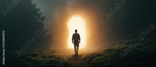 Mysterious figure walking towards bright light portal in enchanted forest