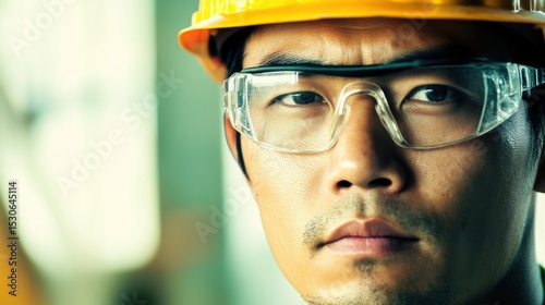 Wallpaper Mural Asian construction worker, hard hat, protective glasses, serious face, strong expression, determined, male portrait, business concept, banner, close-up, industrial worker, professional, confident. Torontodigital.ca