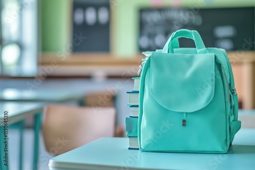 Teal school backpacks on a table in a classroom. photo