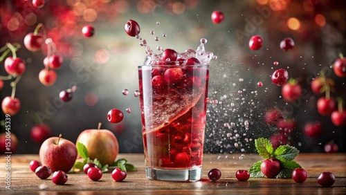Refreshing Cranberry Splash A vibrant drink with juicy berries and apples, captured in a moment of exhilarating effervescence