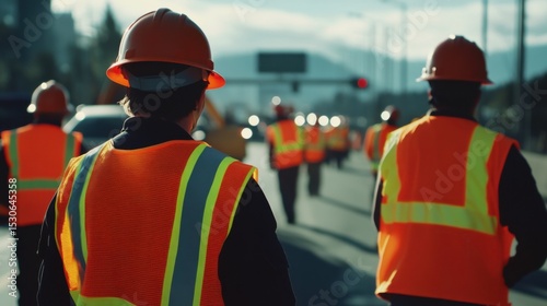 Wallpaper Mural Road construction crew, orange safety vests, hard hats, traffic control, asphalt work, highway maintenance, urban infrastructure, worker visibility, road repair, paving equipment, daytime work. Torontodigital.ca