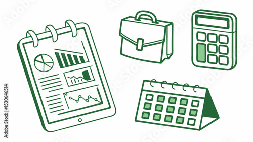 Illustration of a tablet with charts, a briefcase, calculator and a calendar in green outline style