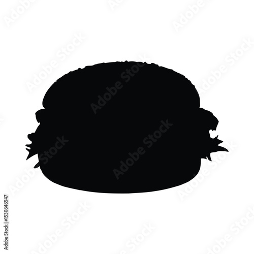 Juicy hamburger silhouette with sesame seed bun isolated on white background